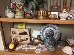 3 shelves of dustables-figurines, wood cars, cats, old marble game and LOTS more