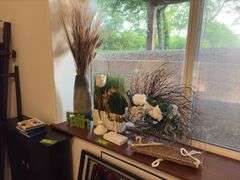 Faith cut out, artificial greenery and decor The decor is real the plants are artificial you know what I meant. Right?