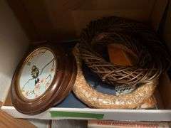 Clear glass and white glass waiting to be hand painted, wreathes for decorating, etc
