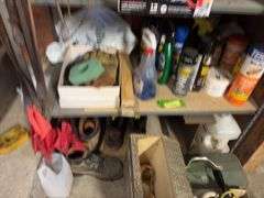 Bottom two shelves includes starting fluid, insect repellents, shoes, gloves, etc