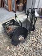 Fireplace tool set, wood holder, coal bucket, two stove fans, cast-iron tea kettle