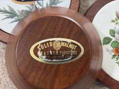 Amana walnut glass tray lazy susan and 3 ceramic Amana walnut trivets