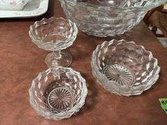 American Fostoria punch bowl, glass ladle, compote, bowl and nappy bowl