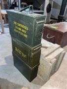 3 metal ammo boxes and 1 wood munitions box