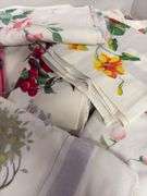 Printed fabric table linens and aprons