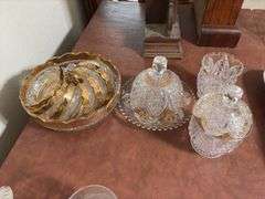 Ironstone platter and casserole dish, gold edged Berry set, covered butter, C& S