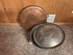 Tin dough mixing/raising pan and copper and brass 18" pan