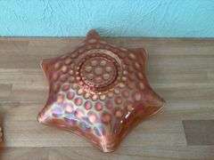 Three pieces marigold carnival glass, all unmarked