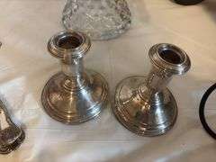 American Fostoria square cake stand, weighted sterling candlesticks, cake server and spaghetti spoon
