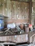Oil, old gas cans, buckets, cast iron skillet, nails and more All on and under shelf