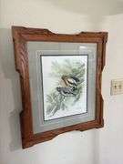 Schanz Furn Amana oak picture frame 21.5 x 25 w/ Landenberger Evening Grossbeak print S/N 341/500