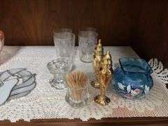 Mary Gregory painted blue vase, stemware, candle holders, pink bowl, 1907 souviner cup and more