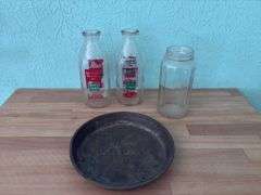 Two Hometown Dairy 1qt milk jars, clear glass jar and Pyo-My ice box pie pan