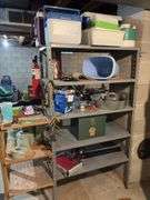 Metal shelf and contents includes vinyl tape, coolers of all sizes, security light, file box, etc