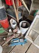 Contents of tool shed includes tool boxes, 2 floor jacks, 2 man saw, windows, buckets of charcoal, nail kegs, nails, pony shoes and more See photos, bring your gloves!