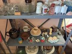 Contents of metal shelf and two other shelves-snack sets, cookie jar, S&P’s, vases, books, record albums, etc
