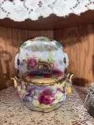 Handpainted china, berry set, juice reamer, pitchers, chamber pot, and more
