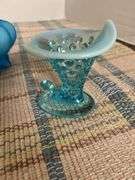2 blue satin glass whimsy pitchers, 2 pcs hobnail glass
