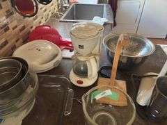 Malt mixer, assorted kitchen, baking items, stainless steel
