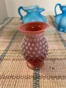 2 blue satin glass whimsy pitchers, 2 pcs hobnail glass