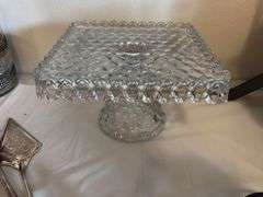American Fostoria square cake stand, weighted sterling candlesticks, cake server and spaghetti spoon