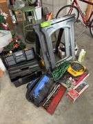 Socket set, pr folding sawhorses, drop cord, tool bag and more