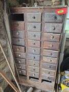 30 drawer pine cabinet w 4 missing drawers 18D x 32L x 59H