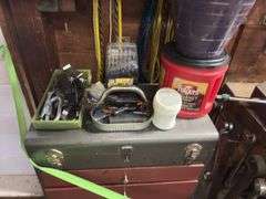 Small rolling tool box and tools as shown on left half of bench and wall