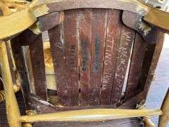 Two heavy wrap around chairs with wood slat seats and spindle back, see photos for condition