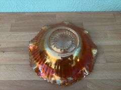 Three pieces marigold carnival glass, all unmarked
