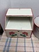 Vintage bread box, enamelware pail and hand enameled cup