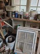 Contents of tool shed includes tool boxes, 2 floor jacks, 2 man saw, windows, buckets of charcoal, nail kegs, nails, pony shoes and more See photos, bring your gloves!