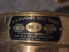 Wooden bucket by Baskerville 12x12 and two US copper standard sieves, No.4 and No.140