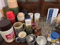 NFL glasses, thermoses, IA Hawkeyes frosted glasses, measuring spoons, clear glass, etc