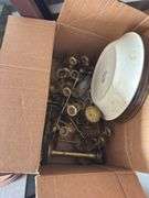 Miscellaneous housewares, decor and kitchen items include box of brass candlesticks, some bar items, bakeware, pampered chef cooking pan, decor items, angels