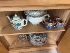 Handpainted china, berry set, juice reamer, pitchers, chamber pot, and more