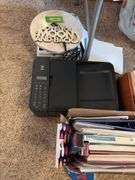 Office supplies, Canon mx492 printer, paper, small lock box, teakwood desk trays