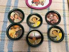 Little tin trays, car tip trays, Coca Cola tin coasters, Tupperware container