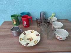 Disney children’s cups, baby cup, cereal bowl, Jewel Tea soufflé cups, etc