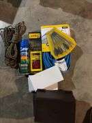 Rope, drop cords, bits, multipurpose plastic boxes, tape measure, bug spray, hooks, etc