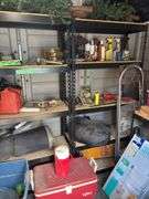 Back wall of garden storage shed - pair of steel ramps, stepstool, cooler, misc - shelving units are not included
