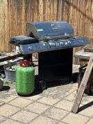 Char broil, stainless steel propane grill with grill tools, and large tank