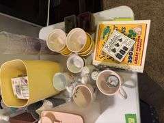Variety of drink ware, plastic containers, custard cups etc....