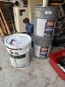 Two buckets of clear wood finish and large lightly used bucket of deck paint