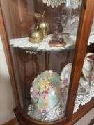 All in china cabinet includes glass bells, vases,  pitcher, hand painted bowls and more