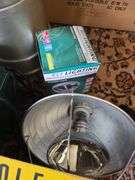 Chicago moisture tester, heat lamp, two metal signs, Farm Master pastuerizer