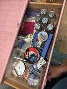 Five drawer pink dresser, full of beading supplies and jewelry making items