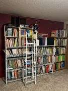 2 white metal shelf units, oak bookcase and LOTS AND LOTS of education materials BRING YOUR BOXES