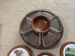Amana walnut glass tray lazy susan and 3 ceramic Amana walnut trivets