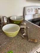 3 Pyrex bowls, 3 meat grinders and 2 rotary cutters